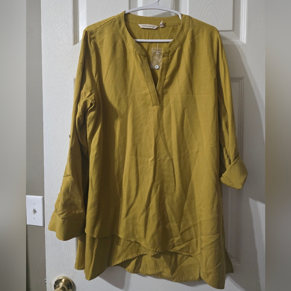 Soft Surroundings 100% Tencel Tunic in Mustard Yellow, Roll Tab Sleeves, NWOT. - Picture 2 of 14